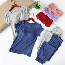 Spring and summer Modal pajamas Womens loose large size home wear Short-sleeved trousers suit Thin t-shirt with chest pad