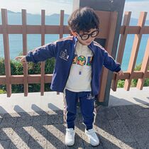 Monee Gtyel Childrens Wear Spring and Autumn Boys Pure Cotton Navy Blue Sports Suit Childrens Leisure Two-piece Set