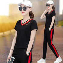 Pure cotton sports suit female summer short sleeve long pants 2020 Summer new Korean version loose big code casual wear two sets