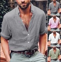 Solid color long sleeve button lapels loose mens shirt