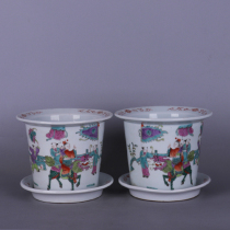 Qing Tongzhi pastel unicorn to send the character flower pot with tray antique porcelain ornaments collection Jingdezhen old things