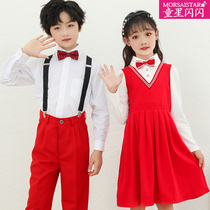 Children red to play dress Kindergarten dance suit Girls big choral suit boy acting to dance dresses spring dress