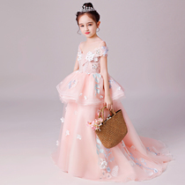  Girls Birthday dress Tutu Flower girl Wedding child host catwalk Pink dress Childrens piano performance suit
