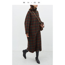 Poison only a small amount of high-grade design wool coat women's long dark green plaid retro double-sided wool