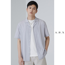 Summer light thin style retro grey blue striped Cuban collar short sleeve shirt male loose casual mens holiday wind lining