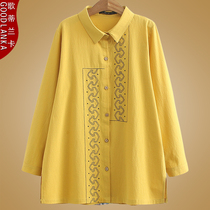 Fat mm spring dress 2021 new large size womens loose belly belted cotton linen National style embroidered long sleeve shirt Women