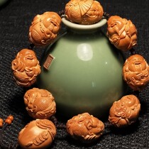 Olive Core Bracelet God of Wealth 20 Boutique Old Oil Core Zhoushan Famous Hand-carved Eight Treasures of Wealth Nuclear Carving Strings