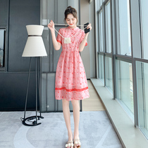  Floral mid-length red dress 2021 new female summer waist French thin skirt female temperament summer year