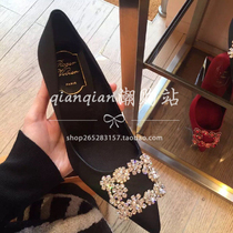 Hong Kong rv womens shoes rhinestone square buckle high heels flower drill pointed toe stiletto satin wedding shoes flat shoes
