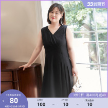 (clear bin RMB100 ) Large code Female dress Fat mm Spring loaded with asymmetrical collection of pleats V collar black vest one-piece dress