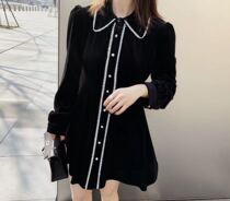 Small fragrance black long-sleeved velvet dress female French girl medium-long design shirt lace small black skirt