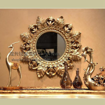 Model room porch wall hanging sun flower wood carving decorative hanging mirror Golden background wall hanging decorative mirror