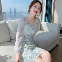 Chiffon floral skirt female Spring and Autumn new high design sense temperament age age fairy small square collar dress