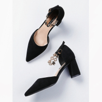 Baotou sandals women 2021 new summer wild black pointed Middle heel buckle belt high heels female rough heel