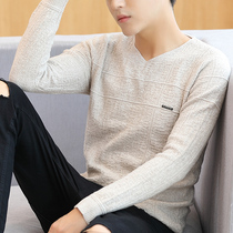 Spring and autumn men long sleeve T-shirt Korean version of tide V neck thin sweater solid color knitted base shirt autumn top sweater