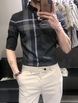 Summer short sleeve shirt mens seven-point sleeve leisure Korean version of the trend handsome slim non-iron elastic Ice Silk medium sleeve shirt