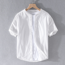 Cotton white shirt mens casual small stand collar short sleeve shirt mens new summer breathable collarless clothes