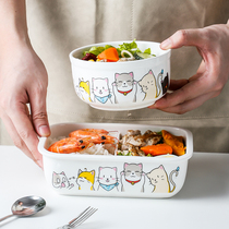 Ceramic lunch box student female office worker with lid microwave oven heating cartoon Lattice Type Meal Kit Boxed Lunch Box