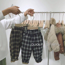 2021 new children plus velvet foreign style casual pants loose Korean version of male and female children neutral warm and thick lattice pants