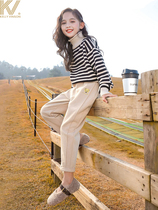 Girl Fried Street Pants Plus Suede 2021 New CUHK Child Turnip Trousers Thickened Foreign Air Wear Children Sports Pants Tide