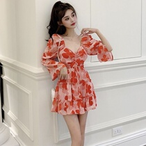 2021 spring new long sleeve snowspun skirt collection waist drawing rope printed short skirt temperament small children dress dress