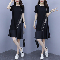 Fat sister plus size womens clothing 2023 summer new lace splicing design slimming cover belly and age reduction mid-length dress