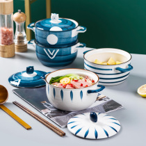 Binaural instant noodles bowl with lid large ceramic Japanese-style cute student dormitory eating instant noodles bowl creative net celebrity single