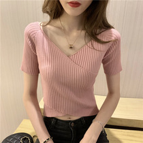 t-shirt woman short sleeve short sleeve short summer 2020 new foreign air fashion pure color sashimi casual heart machine knit Korean version