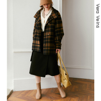 Full wool plaid handmade double-sided tweed coat autumn and winter 2020 new female loose cocoon type long woolen coat