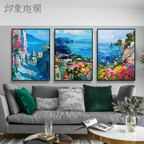 Hand painted oil painting Facing the sea Modern Nordic Mediterranean landscape American living room triptych decorative painting Hanging painting