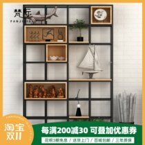 Loft partition shelf wrought iron bookshelf floor solid wood cabinet industrial wind office screen display shelf 1303
