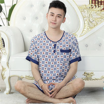 Cotton silk pajamas mens summer short-sleeved shorts rayon round neck loose suit thin cotton silk middle-aged casual home clothes