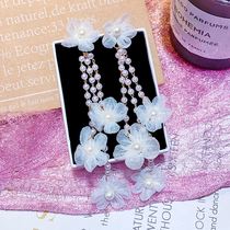 French white flower earrings womens summer thin pearl lace white tassel earrings Korean round face suitable long section