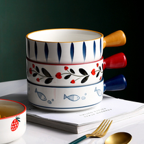 Japanese-style underglaze color ceramic handle Breakfast fruit snack salad bowl Home baking baked rice oven special baking bowl