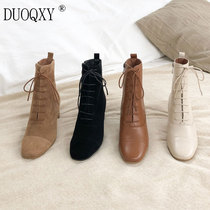 Small crowdminimalist genuine leather frosted short boots female autumn winter lacing coarse heel high heel humpy nude boots with retro Martin boots