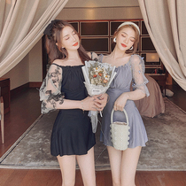 New high-end temperament split skirt style conservative sleeve strap beauty back small chest gathering hot spring resort swimsuit