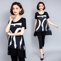 2021 spring and summer clothes new fat plus size womens wear age slim fat foreign style set fat mm chiffon two-piece