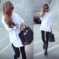  Korean version of autumn and winter plus velvet thick slim-fit cotton T-shirt womens mid-length white long-sleeved side split top bottoming