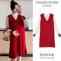 Pregnant womens autumn and winter clothes fake two lace stitching knitted long sleeve pregnant womens dress autumn and winter Foreign color Net red skirt