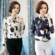 Belly cover chiffon shirt Women 2020 new spring coat print shirt mother dress long sleeve bow flower