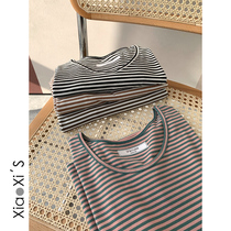 Xiao Xi home) Striped fresh womens short sleeve simple base shirt 2021 summer interior wear T-shirt basic top