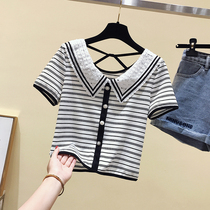 Striped T-shirt short sleeve 2021 new summer design sense niche lace doll collar high waist short coat women