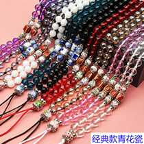 Mobile phone new artificial brand new rope hanging neck long chain crystal beads Green Flower Porcelain Pendant handmade anti-lose sturdy chain