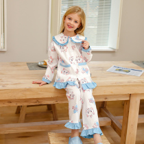 Girls Cotton Pajamas Spring and Autumn Childrens Long Sleeve Home Clothes Set Thin Medium Big Girl Girl 13-year-old Princess
