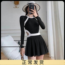 2022 new swimsuit women Summer Korea ins conservative conjoined triangular skirt-style shading with slim long sleeve sunscreen