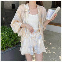 Large size 2021 summer new fat mm sunscreen shirt womens wide leg shorts casual loose three-piece suit foreign tide