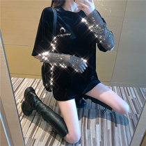 2019 Spring and Autumn Hong Kong taste age reduction fashionable moon hot diamond stitching long-sleeved T-shirt loose medium-long bottom top women