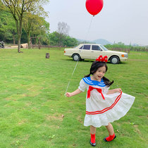 Girl Short Sleeve Navy Wind Dress 2021 Summer Han version Baby Academy Collider Coloured Bow Tie Ocean Qi Skirt