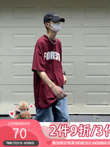 EAHOearthlinghoo22SS day of series printed loose heavy duty wine red American short sleeve T-shirt male and female