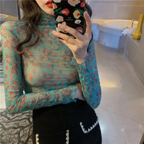 2021 early spring new pink lace yarn dress half high collar base shirt womens autumn and winter long-sleeved t-shirt womens top inside